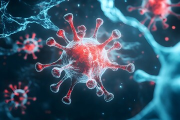 Visually Striking 3D of Complex Viral System Concept with Abstract Cellular Structures and Dynamic High Contrast Style  Detailed Digital Artwork Suitable for Medical