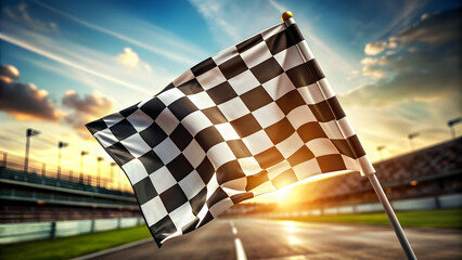 A close-up shot of a checkered flag waving at the finish line of a race , competition, speed, victory, winning