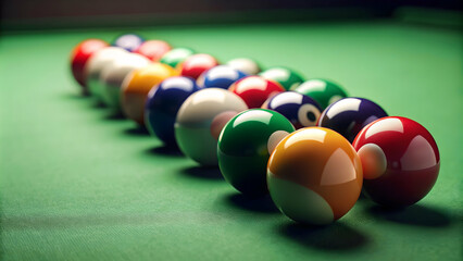 Pool balls on a green felt-covered table , billiards, pool, snooker, balls, cue, triangle, game, sport, leisure, competition