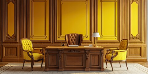 set furniture oak wooden desk and chairs with classic carving in yellow room with wooden wall panels 