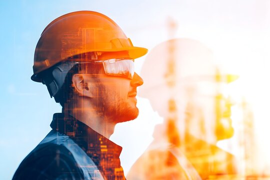 Double exposure image showcasing a construction worker in a collaborative teamwork environment conveying the concept of progress innovation and successful workforce in the industry
