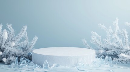 Fototapeta premium Sleek 3D Podium in Snowy Winter Landscape