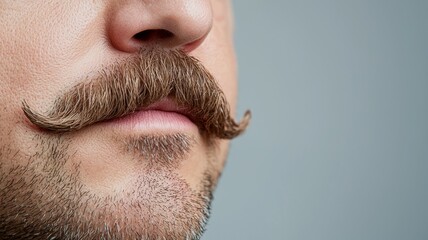 A man with a mustache is shown with his mouth closed