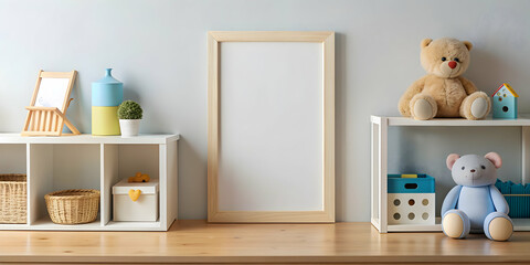Mockup of empty DIN A4 picture frame on shelf in children's room background, mockup, empty