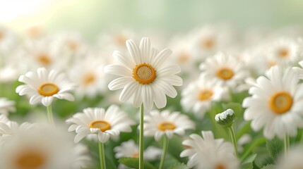 Obraz premium Beautiful white daisies blooming in a vibrant field, soft sunlight ambiance.