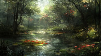 serene forest stream with water lilies and sunlight filtering through trees