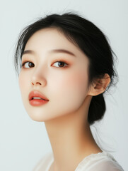 Fototapeta premium Portrait of a young Asian woman with flawless skin and natural makeup, highlighting her serene beauty, soft brown eyes, and sleek black hair.