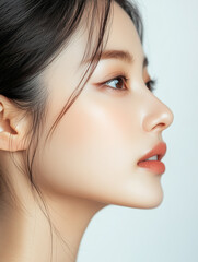 Portrait of a young Asian woman with flawless skin and natural makeup, highlighting her serene beauty, soft brown eyes, and sleek black hair.