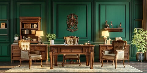 set furniture oak wooden desk and chairs with classic carving in green room with wooden wall panels 