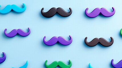 A row of colorful fake mustaches are arranged on a blue background