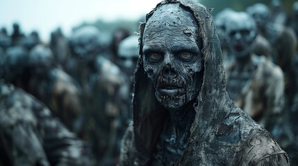 Close-Up of Eerie Zombie Horde with Decayed Features