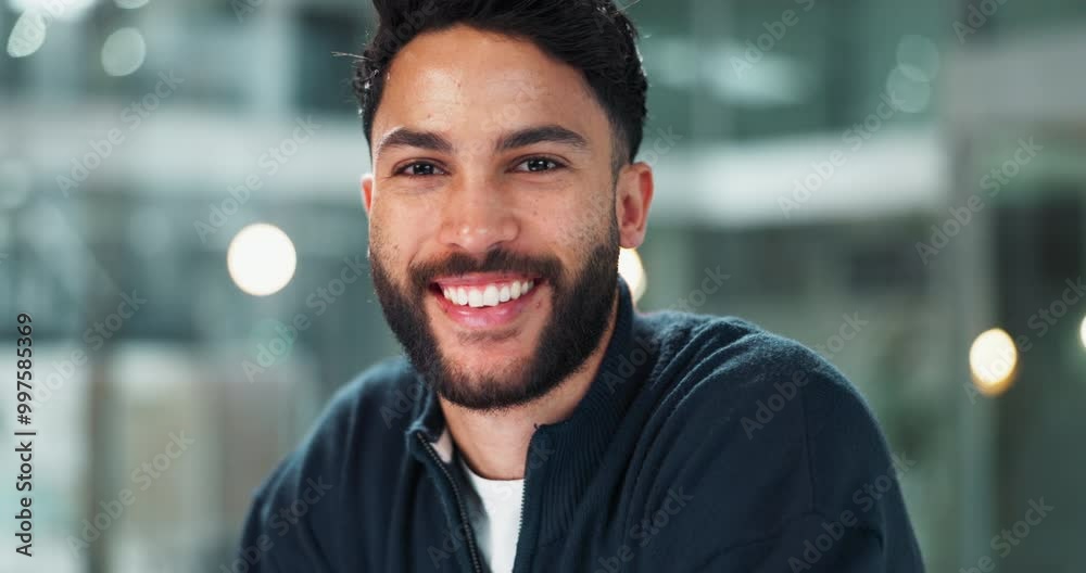 Poster man, face and office with computer and smile for web design job, professional or employee for corpor