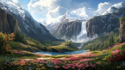 Serene mountain landscape with waterfall and colorful flowers
