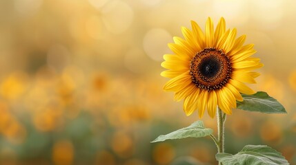 Bright sunflower bloom with a blurred background of more sunflowers.
