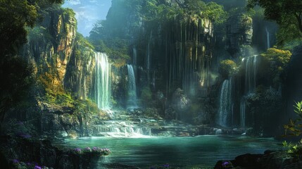 Serene waterfall oasis in lush green forest