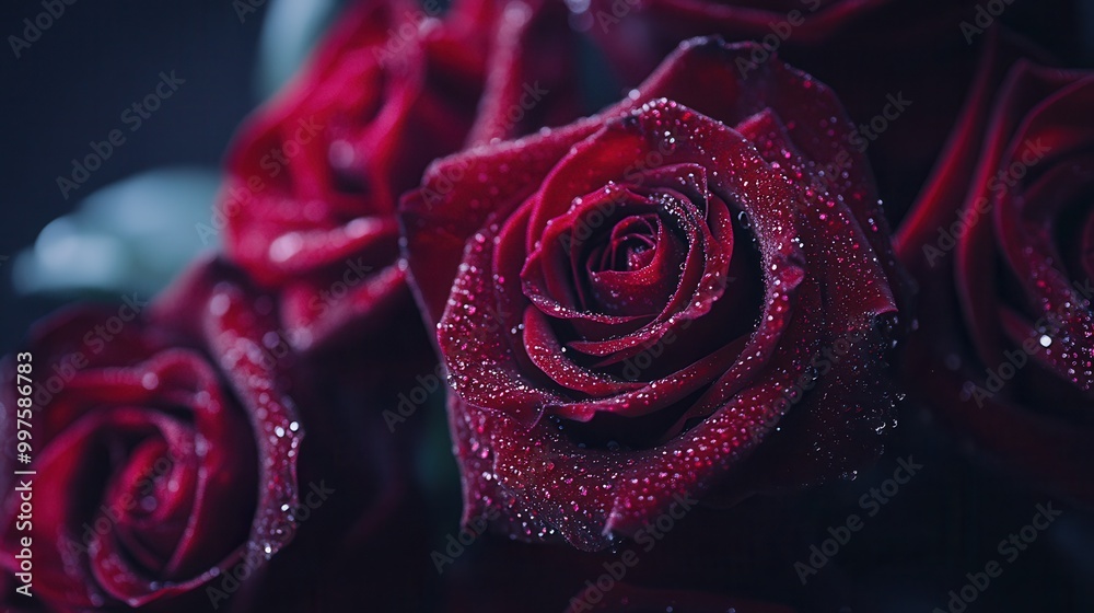 Poster delicate petals of deep red roses glisten with fresh water droplets, creating a stunning floral disp