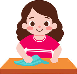 A flat illustration of a girl wiping a table with a cloth