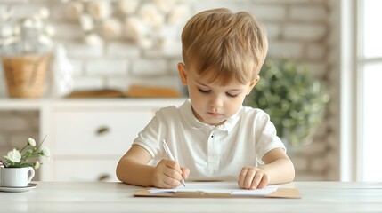 Naklejka premium Child focused on drawing at a table, bright and inviting indoor environment.