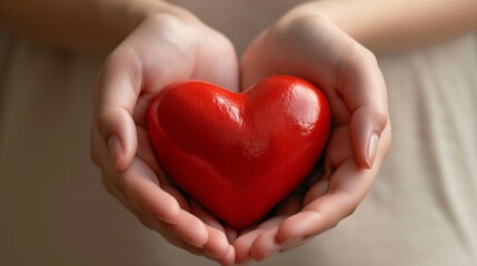 Fototapeta premium Red Heart Held in Hands: A Symbol of Love and Care