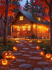 Autumnal Cabin Path Illuminated with Jack-o'-Lanterns