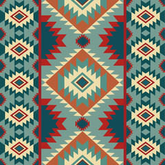 Dark green, orange, red, and yellow geometric patterns that are traditional, ethnic, Navajo, or Native American Indian. designs for clothing, curtains, carpets, sarongs, Hmong, and fabric edges.