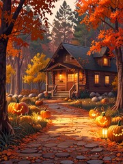 Obraz premium Autumnal Cabin Path Illuminated with Jack-o'-Lanterns
