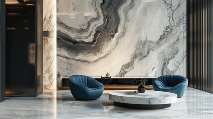 Elegant Marble Textured Table Set in a Luxurious Hotel Open Area, Blending Natural Beauty with Sophisticated Design