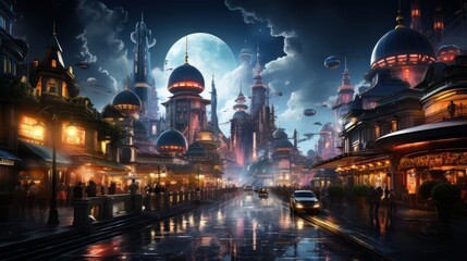 Futuristic Cityscape Under a Full Moon