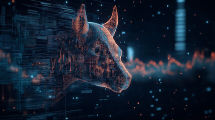 Bull statue in a Futuristic city glowing stock