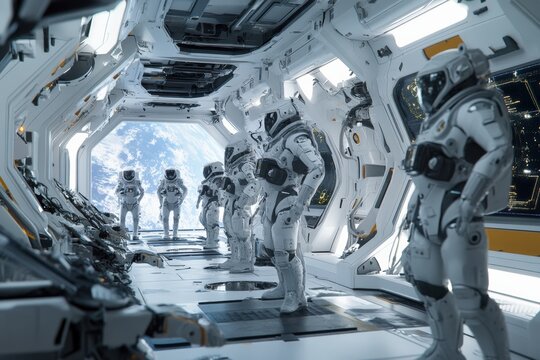 A futuristic space station orbiting a distant planet, filled with astronauts and AI robots working together