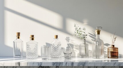 Elegant Glass Bottles and Vases on Marble Tabletop