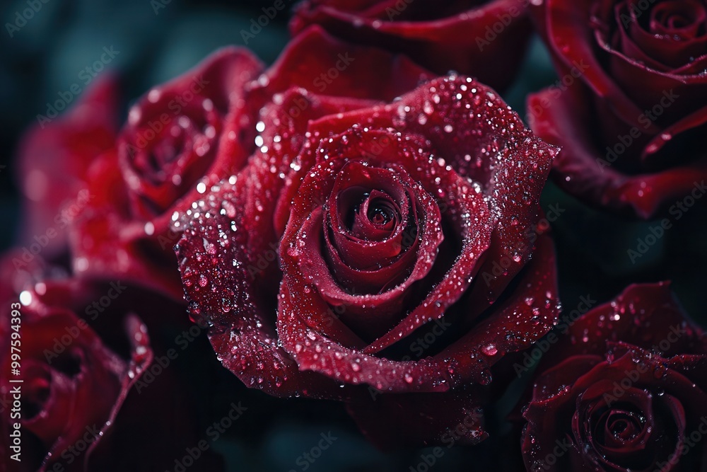 Poster Deep red roses display their beauty with delicate water droplets shimmering against the lush green backdrop, creating a stunning floral arrangement. Generative AI
