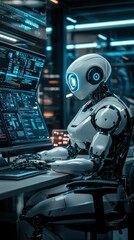 Fototapeta premium A high-tech office where an AI robot is collaborating with human workers on complex engineering tasks