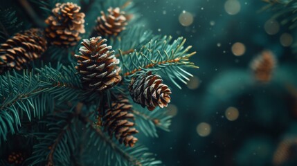 Close-up of Pine Cones on a Evergreen Branch