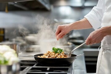 Chef seasoning a dish in a professional kitchen, adding fresh herbs to a steaming pan.