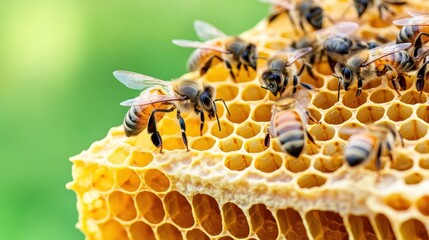 Honeybees working on a honeycomb structure in a vibrant, natural environment.