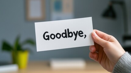 Hand holding a card with the word "Goodbye" written in bold black text.