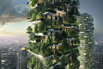 Obraz premium Architects designing buildings integrated with vertical forests, promoting urban greenery