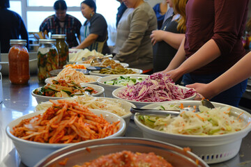 Participants learning traditional fermentation techniques for foods like kimchi, sauerkraut, and miso
