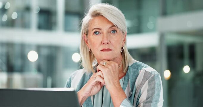 Face, proud or mature businesswoman in finance for financial solution, profit or career opportunity. Laptop, taxes audit or accountant in office for policy update, company payroll or bookkeeping