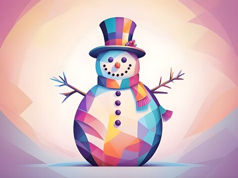 abstract light pastel glow neon Christmas snowman in cubism style drawing on light background