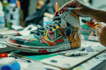 Custom Sneaker Design, Artists hand-painting and customizing sneakers with unique designs