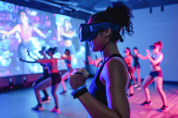 High-Tech Fitness Studio, Instructors leading virtual fitness classes in high-tech environments