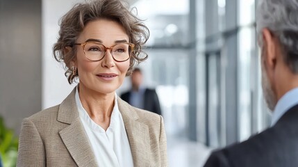 Woman bending over engaged in a conversation with a man intense eye contact subdued lighting focused and professional interaction