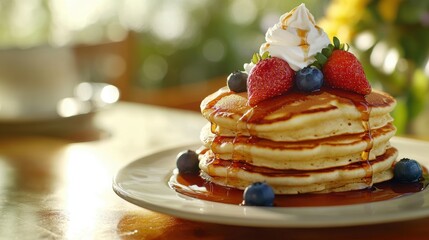 Fluffy Pancakes with Fresh Strawberries, Blueberries, Whipped Cream, and Maple Syrup on Bright Breakfast Table