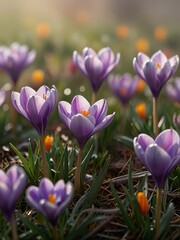Fototapeta premium Purple Crocuses Blooming in a Field of Green