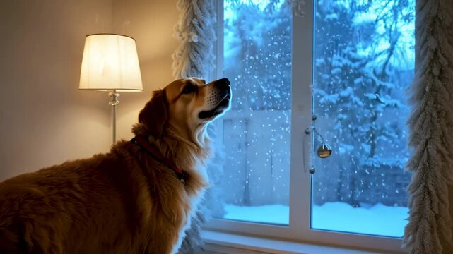 A dog stands indoors, gazing out a window at a peaceful snowy landscape, capturing a cozy winter moment with a serene atmosphere.
