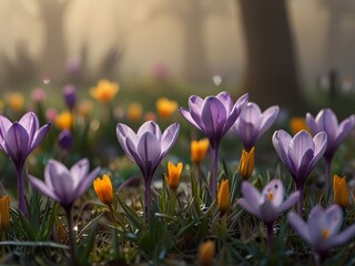 Purple Crocuses Blooming in a Field of Green