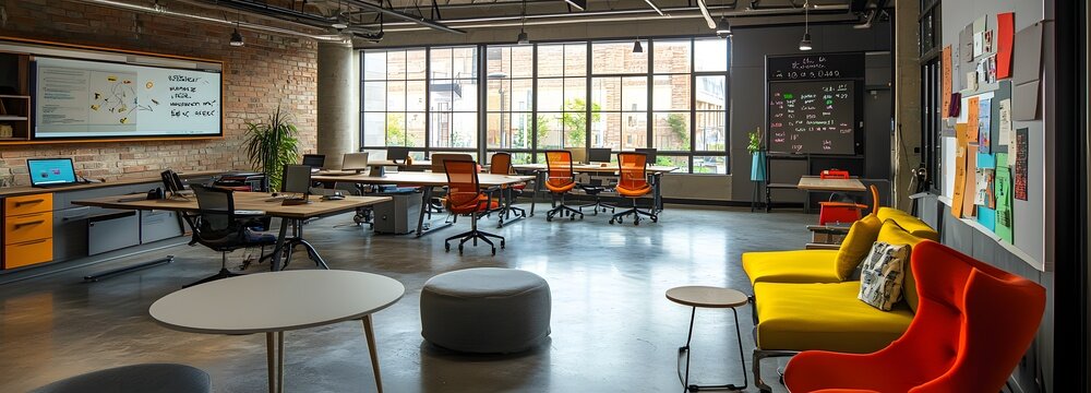 50. A creative workspace with adjustable desks, brainstorming areas, and collaborative spaces
