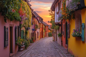 Fototapeta premium A picturesque European street at dawn, with cobblestone roads
